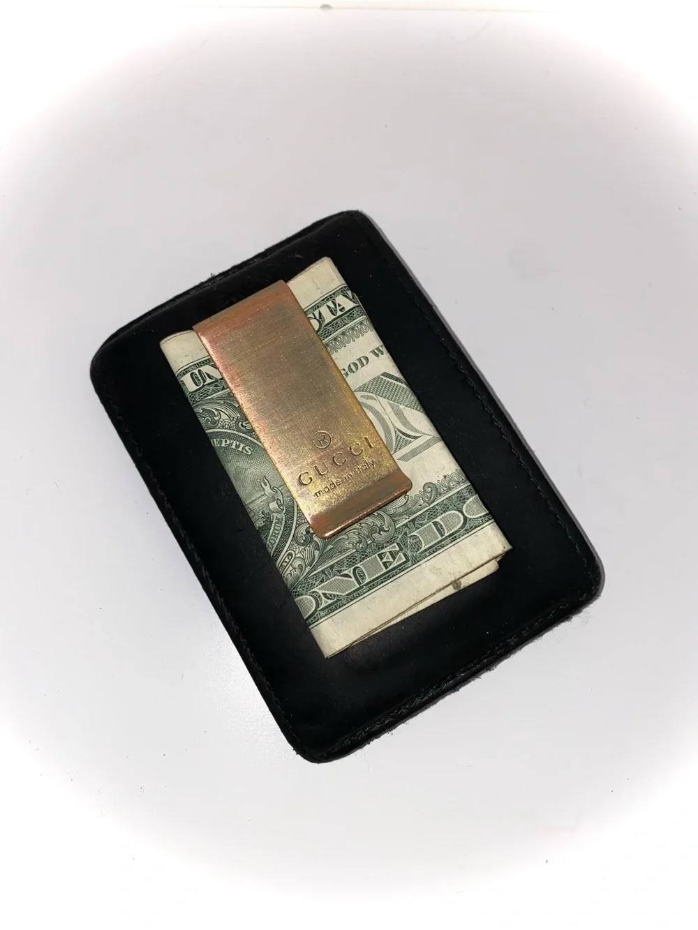 Gucci Black Leather Money Clip with Gold Tone Branded Clip